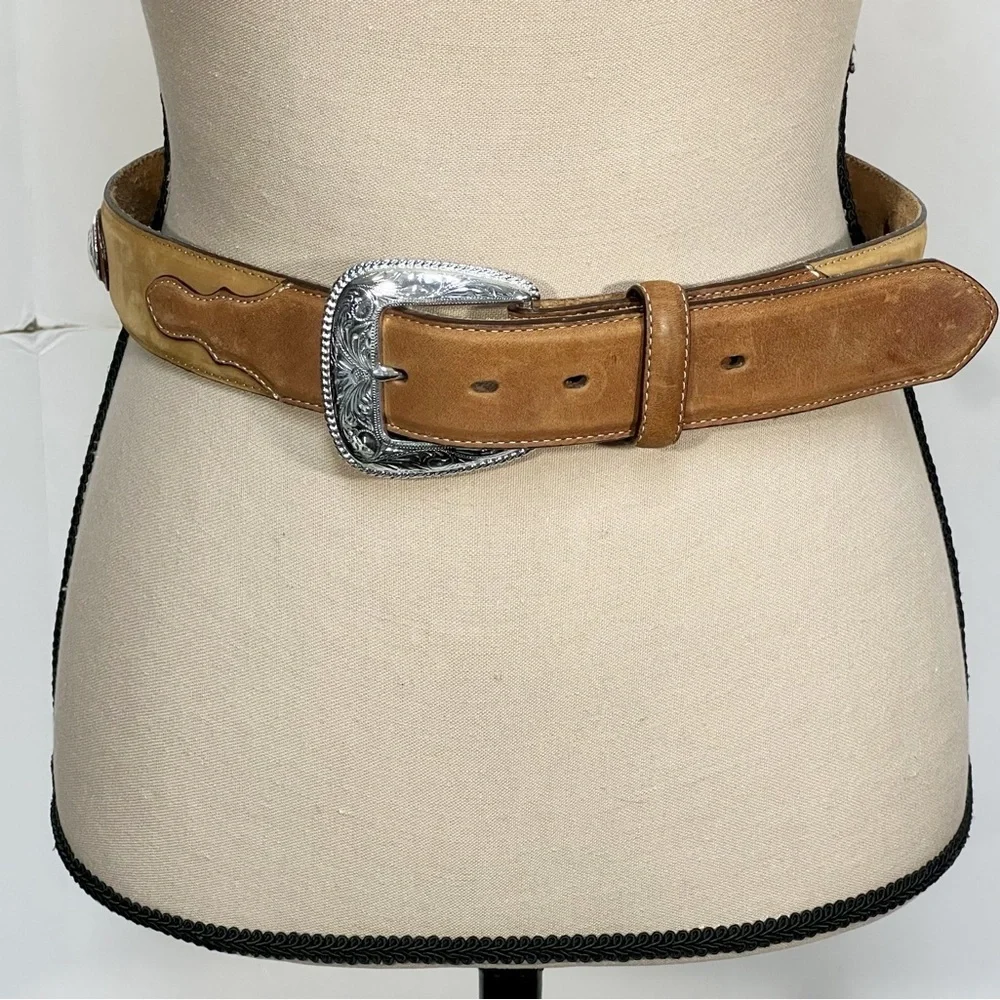 Tony Lama TwoTone Leather Silver Tone Concho Braided Accent Western Belt size 30